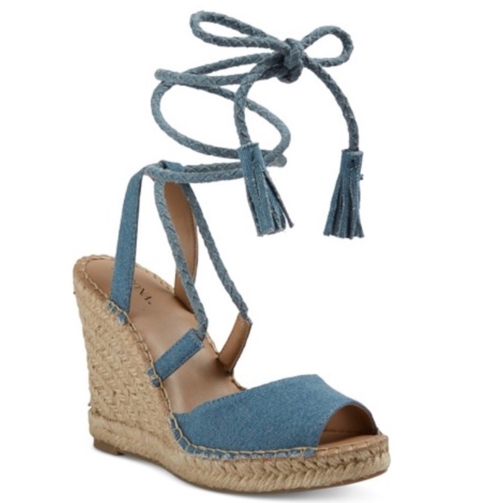 NWOT Merona lace up jean wedge sandals